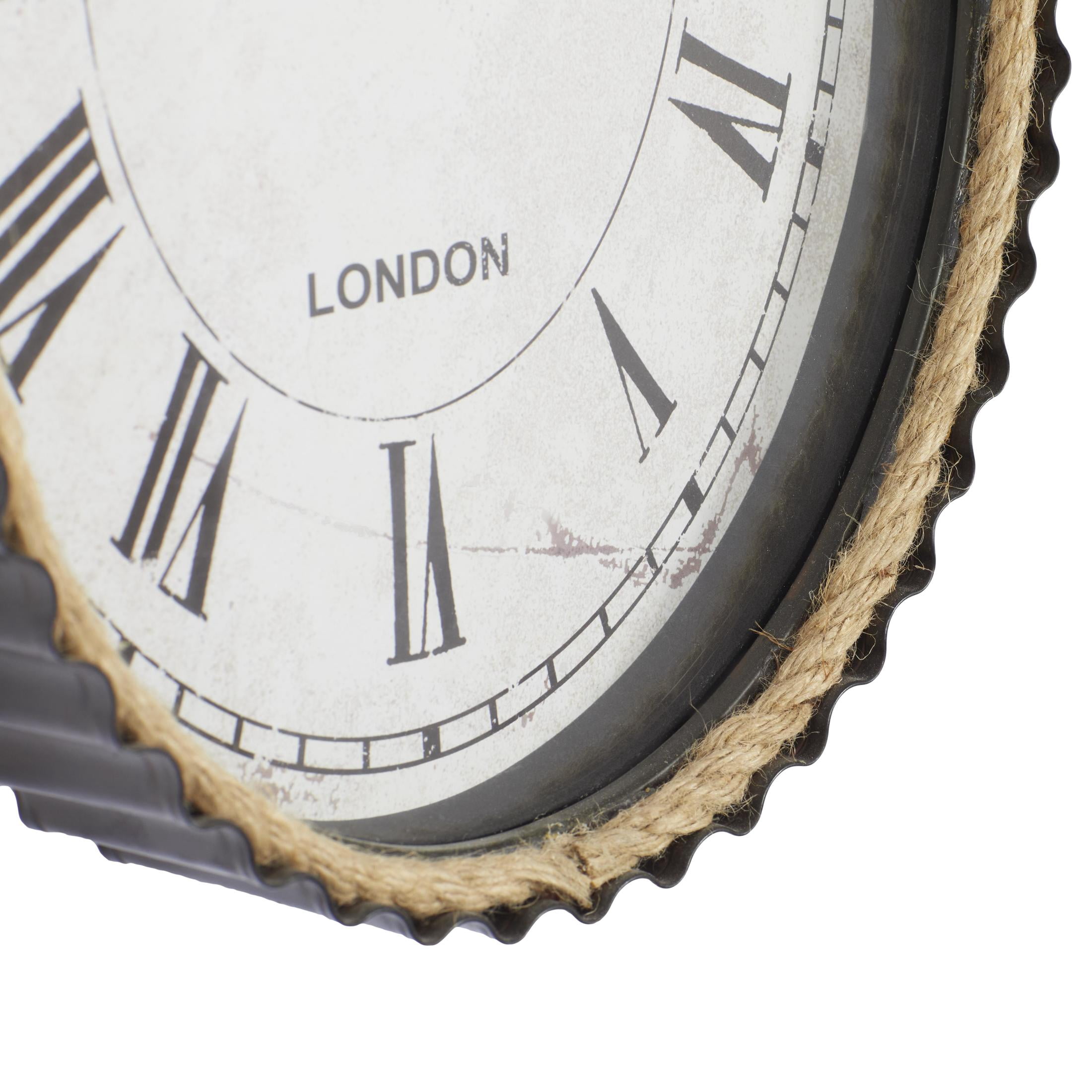 DecMode 12" x 21" Black Metal Finial Pocket Watch Style Wall Clock with Rope Accent