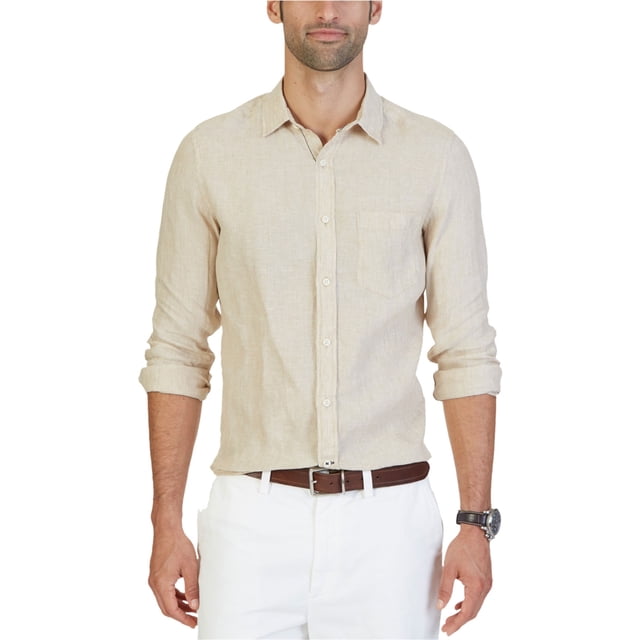 Nautica Chambray - Camisa con botones para hombre, color beige, talla mediana