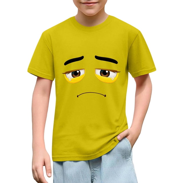 Blusas y camisas de manga corta con cuello redondo para niños y niñas, color liso, con estampado de expresión linda, manga corta, holgadas y cómodas, blusa para niña