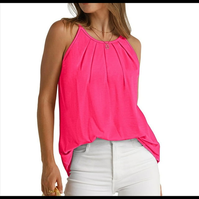 Débardeurs Plissés pour Femmes Bretelles Spaghetti Camisole Dos Nu Ourlet Incurvé Mode 2025 Rouge Rose P