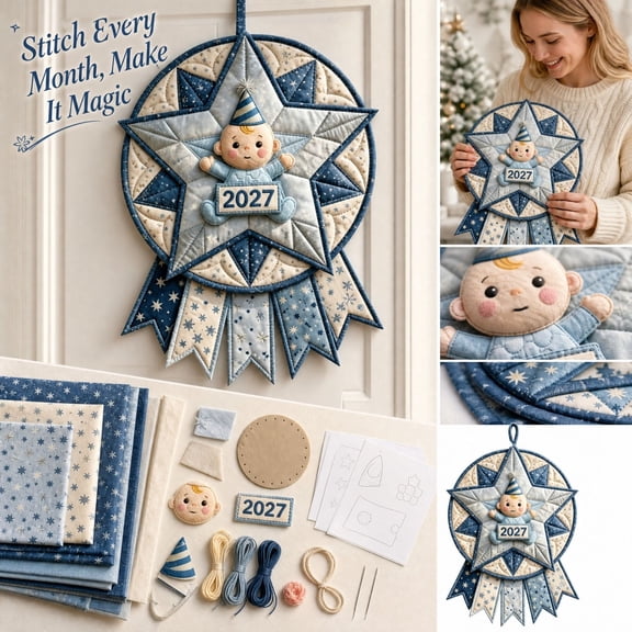 12-Month Door Hanger Sewing Kit, 3D Quilted DIY Fabric Patchwork Adults Craft Kit, Holiday Hanger & Art Wall Decor (January, 1pcs)