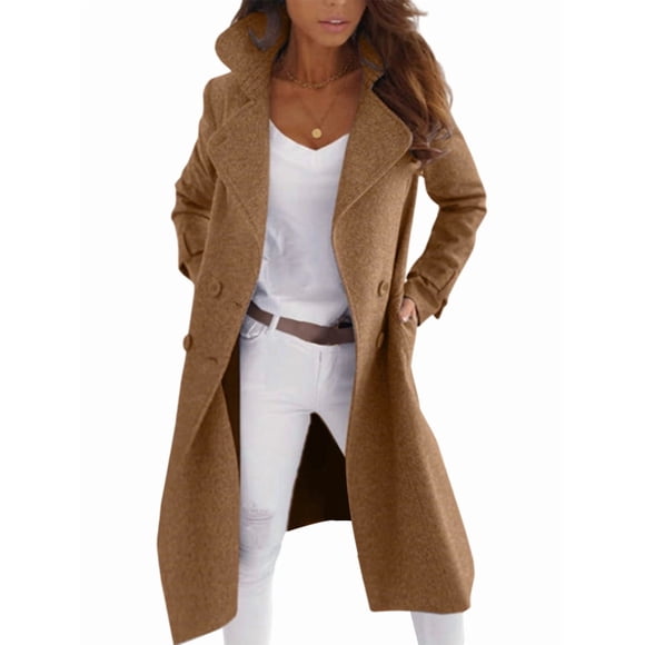 Women Elegant Double Breast Wool Blend Pea Coat Winter Long Coats Jacket Overcoat Brown XL