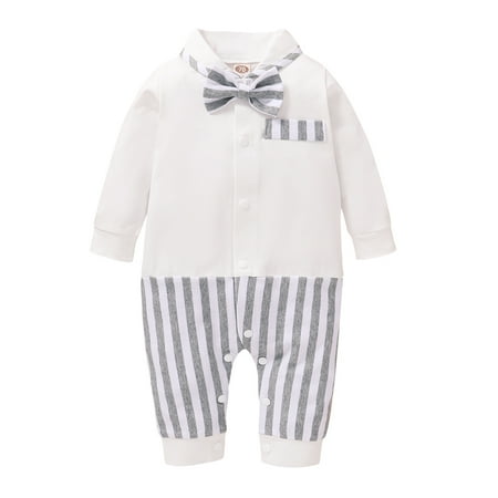 

Kucnuzki Baby Boy Winter Clothes 6 Months Baby Boys Casual Bodysuits 12 Months Long Sleeve Gentle Contrast Stripe Prints Causal Lapel Bowknot Bodysuits White