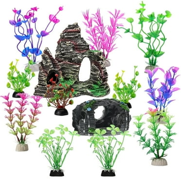 GreenJoy Fish Tank Accessories Aquarium Decorations - 13 Packs Plastic Plants Material Hideout Ornaments Small Size