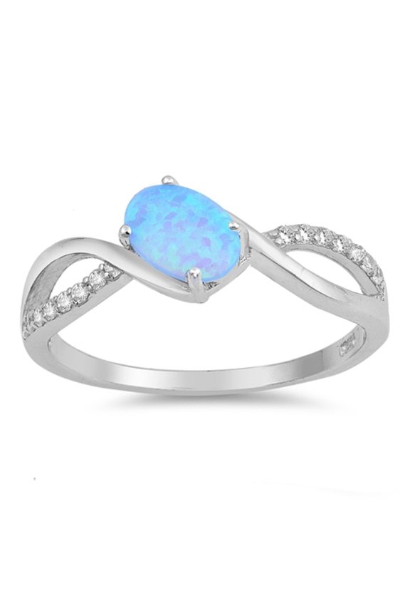 Oval Light Blue Simulated Opal Cubic Zirconia Swirl Fashion Ring Sterling Silver