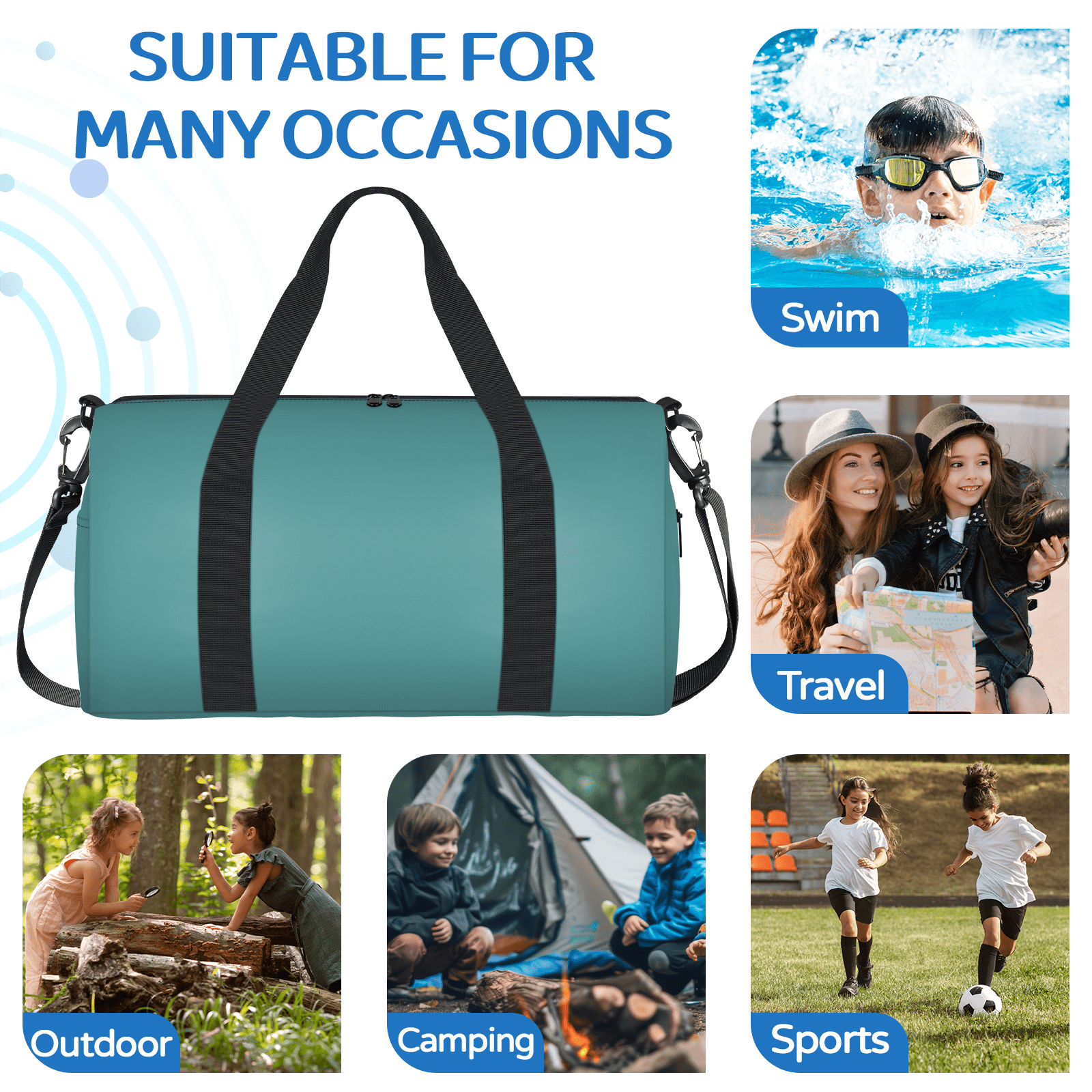 Herdesigns Darkcyan Travel Duffle Bag Sports Yoga Weekender Overnight Carry on Workout Bags Lightweight Waterproof Gym Tote Bag for Women