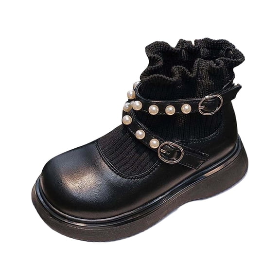 Toddler Girl Booties Kids Sock Boots Sock Shoes With Bow Pearl Detailing Lined With Fleece Girls Ankle Boots Black 4 Y-4.5 Y