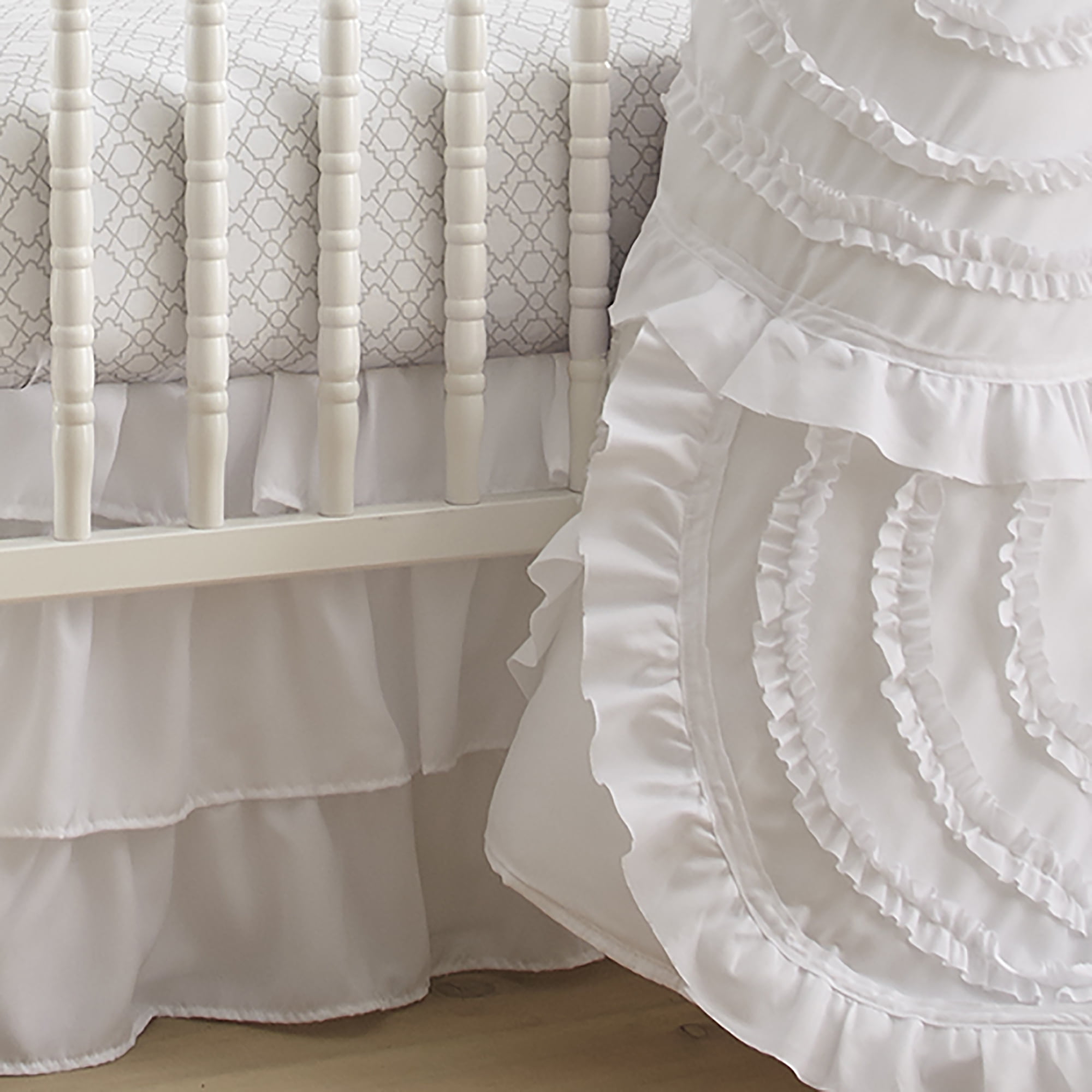 Levtex Baby - Skylar Crib Bed Set - Baby Nursery Set - White - Fancy Frills - 4 Piece Set Includes Quilt, Fitted Sheet, Wall Decal & Crib Skirt/Dust Ruffle