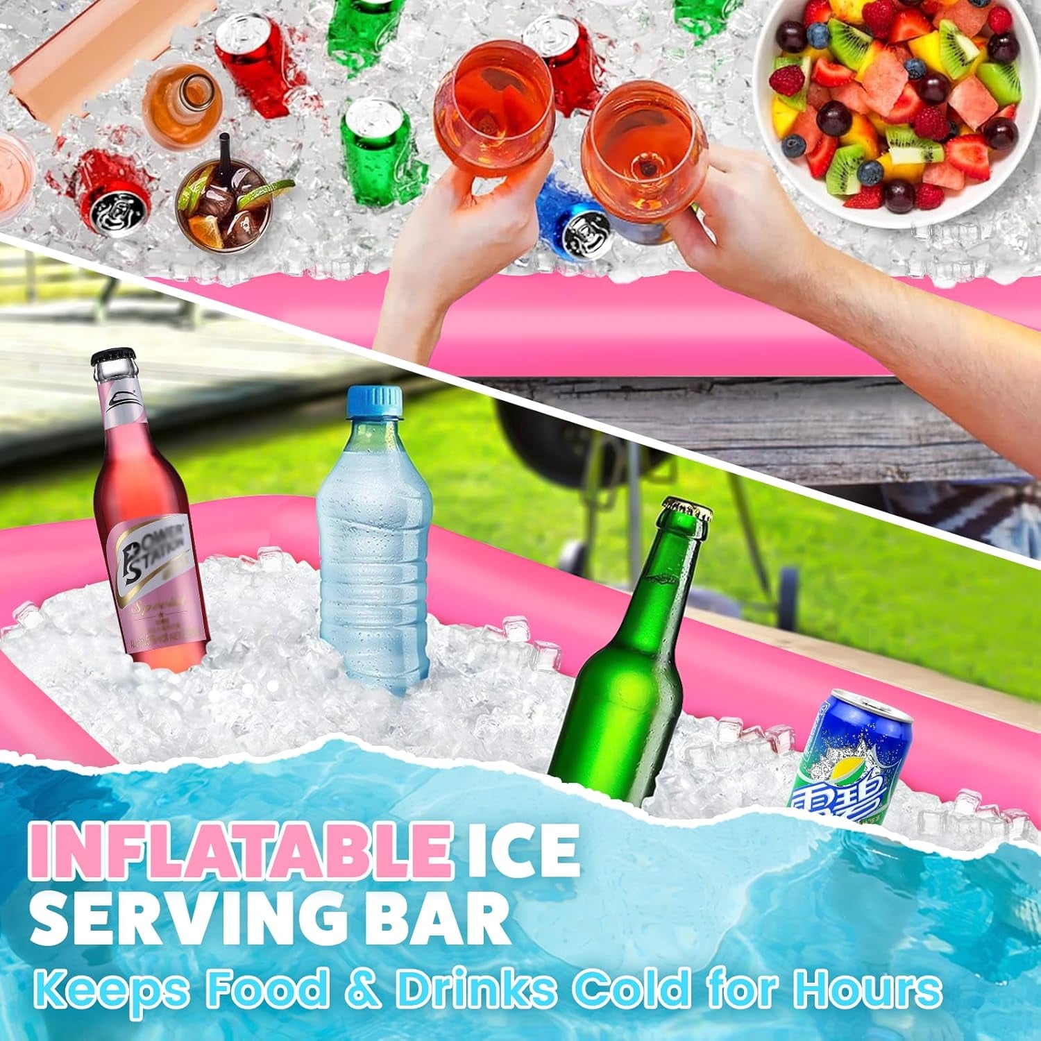 Large Inflatable Ice Serving Bar for Food, Drinks, Salad, Floating Buffet Cooler Tray with Drain Plug for Pool Party, BBQ, Picnic, Camping, Beach, and Outdoor Supplies Rose Pink