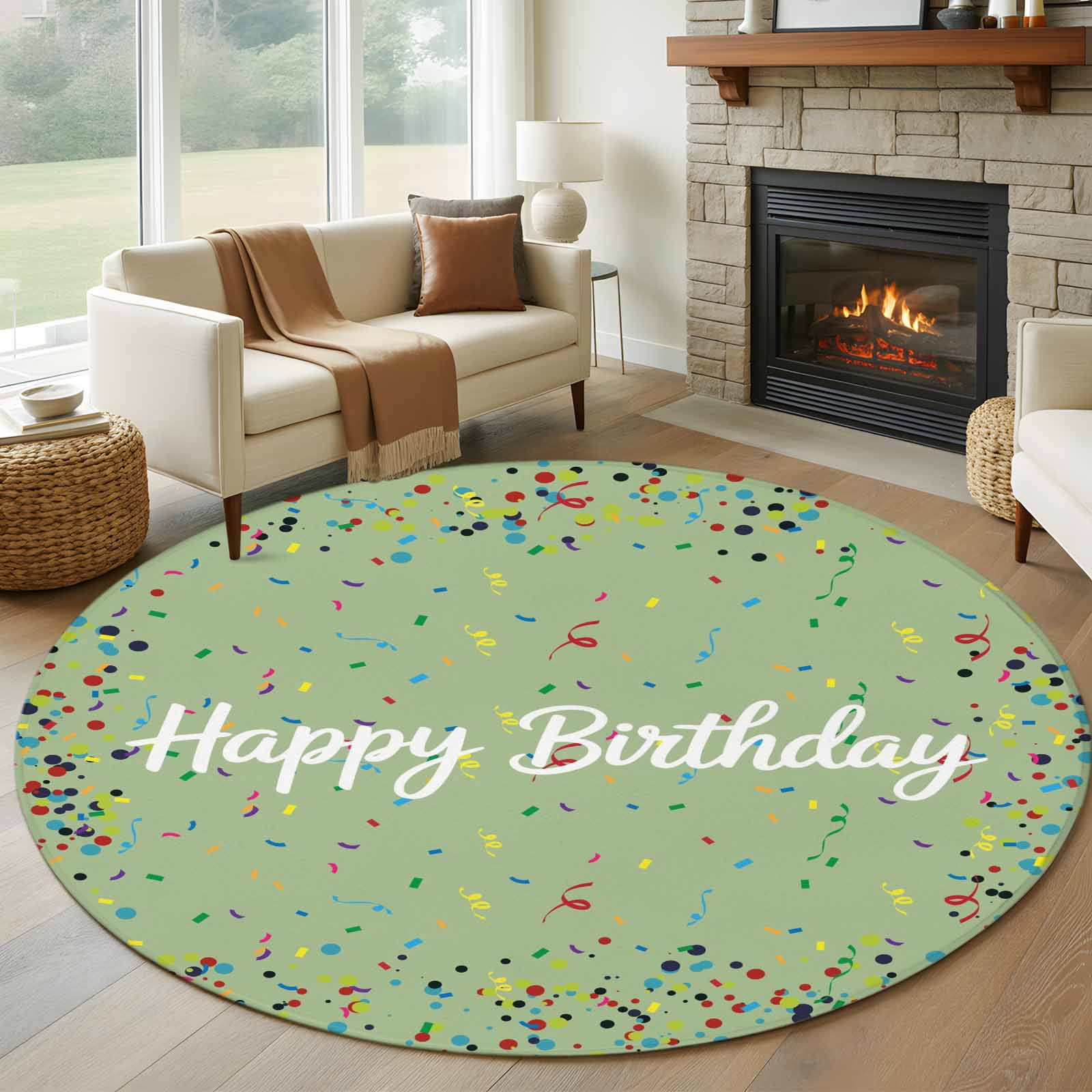 Happy Birthday Large Area Rugs for Bedroom Living Room, Soft Non Slip Carpet Bedside Rug, Sage Green Modern Abstract Art Round Floor Cover Kitchen Accent Rug 8' for Dining Room/Office