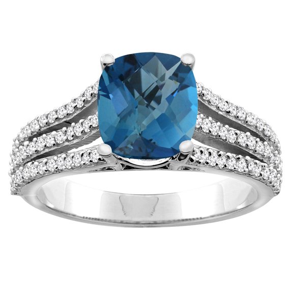 10K White Gold Diamond Natural London Blue Topaz Tri-split Ring Cushion-cut 8x6mm, size 6