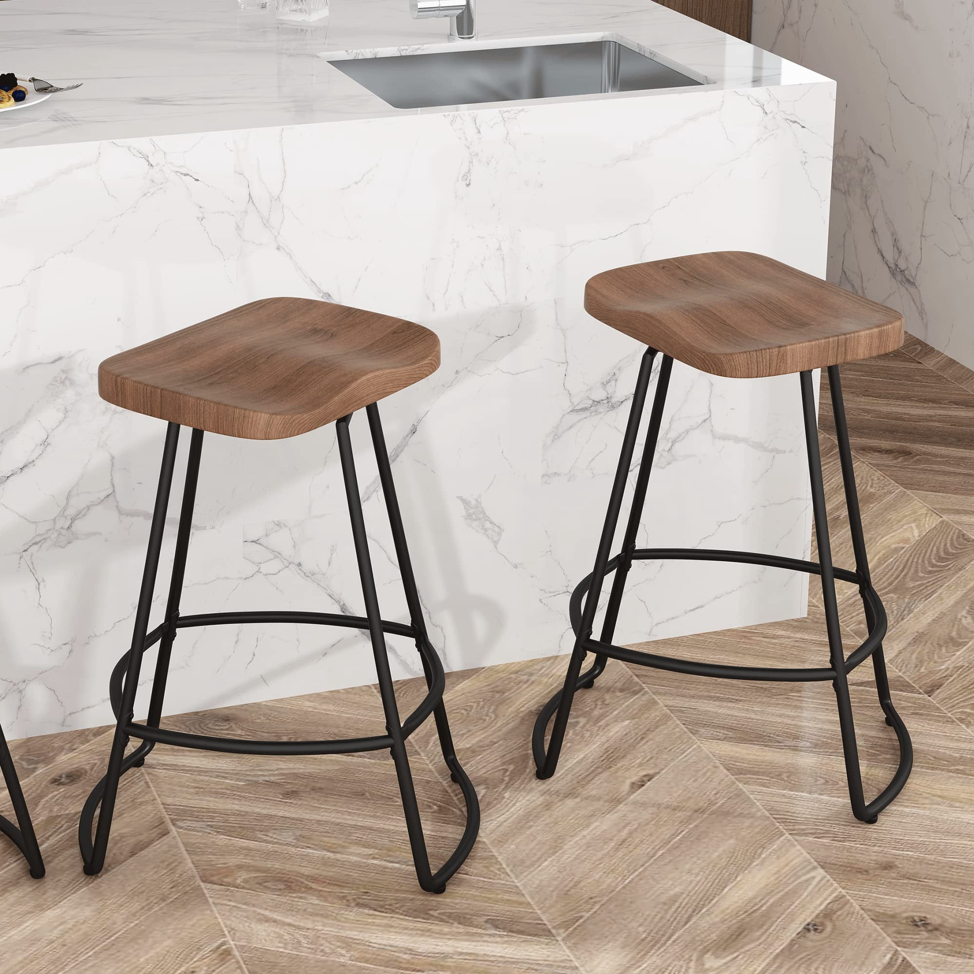 Swivel Bar Stools Set of 2 Industrial Metal Counter Height Barstools with Wood Top