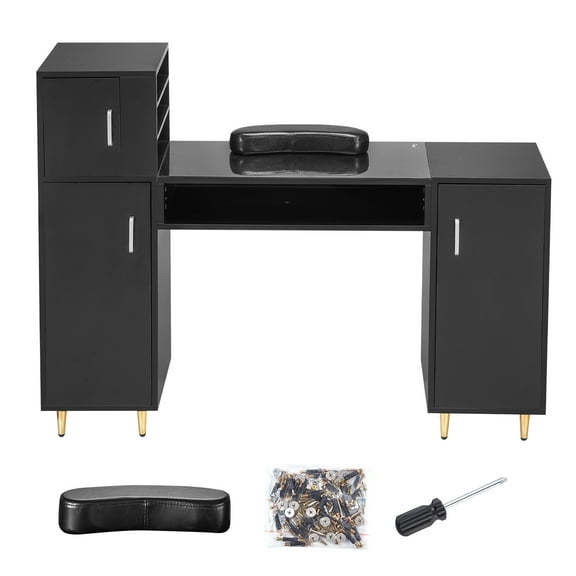 KFFKFF Manicure Station, Durable Glass Surface Nail Desk, Beauty Salon Nail Workstation with Storage, Acetone-Safe Technician Table, Includes Wrist Support, 8 Sturdy Legs, in Sleek Black