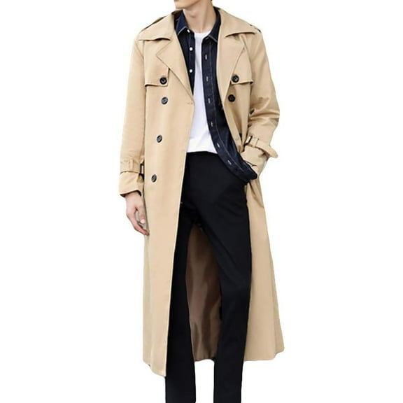 LIUJUNSHOP Men's Oversized Trench Coat Mens Long Double Trench Coat with Shoulder Tabs and Belt Stylish Versatile Outerwear
