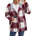 thumbnail image 2 of Seyurigaoka Winter Women Juniors Woolen Shacket Coat, Plaid Long Sleeve Hooded Jacket with Pockets, 2 of 6
