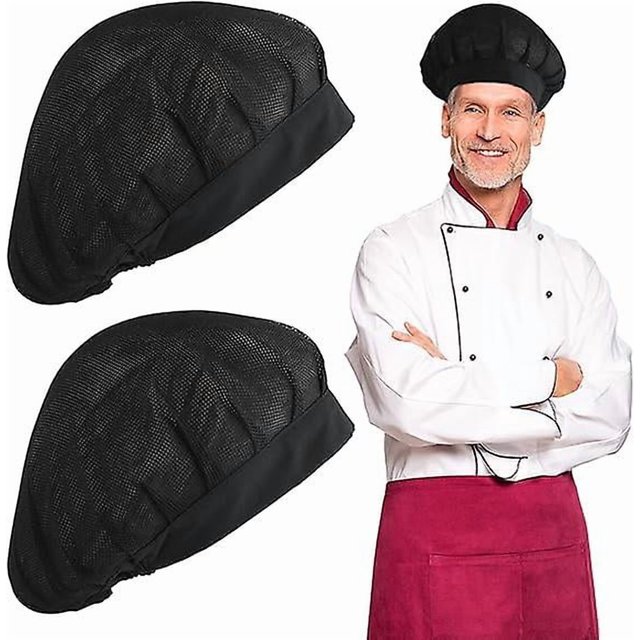 2 Pieces Chef's Toque Chef Hat Kitchen Cap Cuisine Black Adjustable Catering Hairnet Reusable Mesh Restaurant Beanie