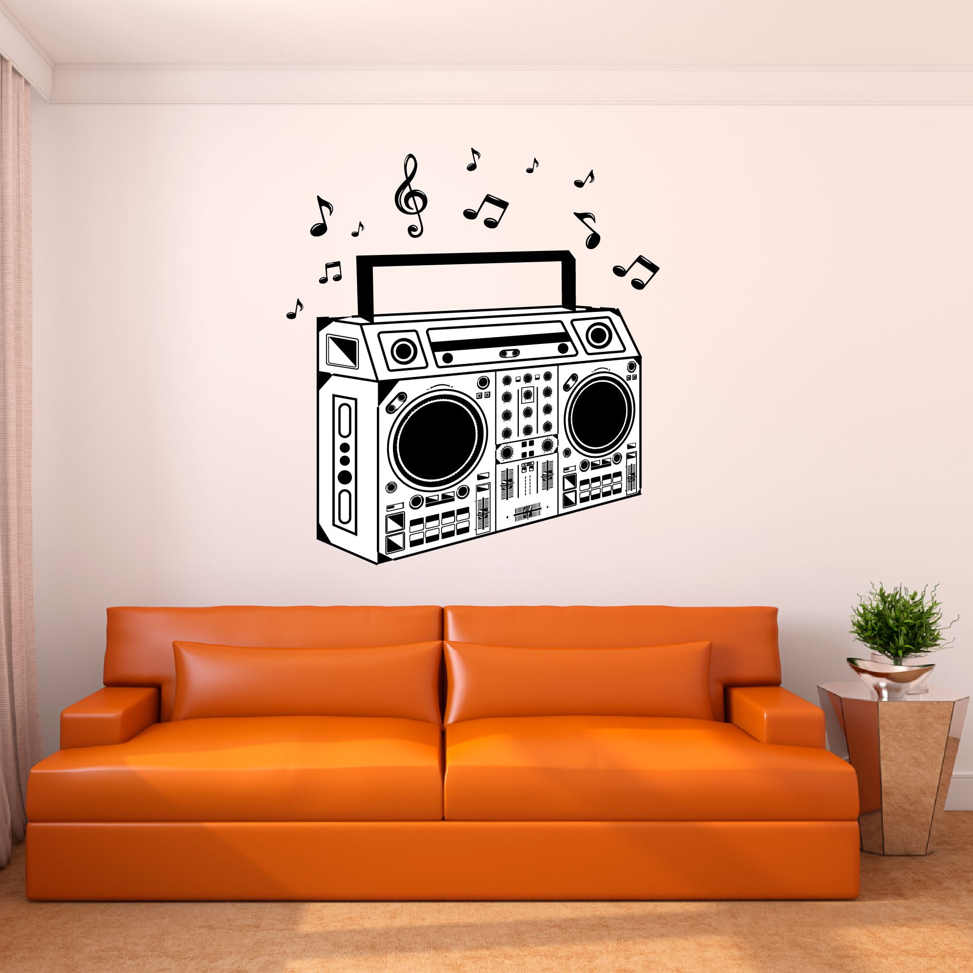 Music Wall Decal Classic Boombox Silhouette with Musical Notes Bedroom