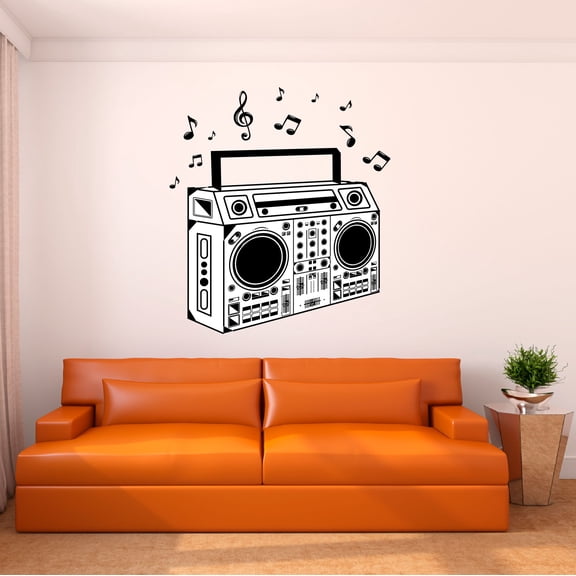 Music Wall Decal Classic Boombox Silhouette with Musical Notes Bedroom Wall Decal for Children Instrument Cute Themed Room Décor - Size: 9 In x 10 In
