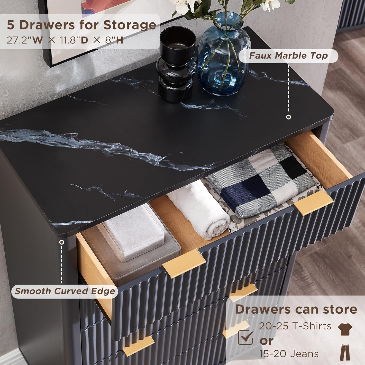 OKD Fluted 5 Drawers Dresser, Modern Wood Chest of Drawers with Faux Marble Top, Curved Profile Design for Bedroom, Living Room, Hallway, Entryway, Dark Grey