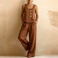 thumbnail image 2 of Sleeveless Button Front Linen Set for Women, Scoop Neck Tank & Wide Leg Pants Two Piece Outfit - Loose Fit Summer Vacation Ensemble Light Brown M, 2 of 5