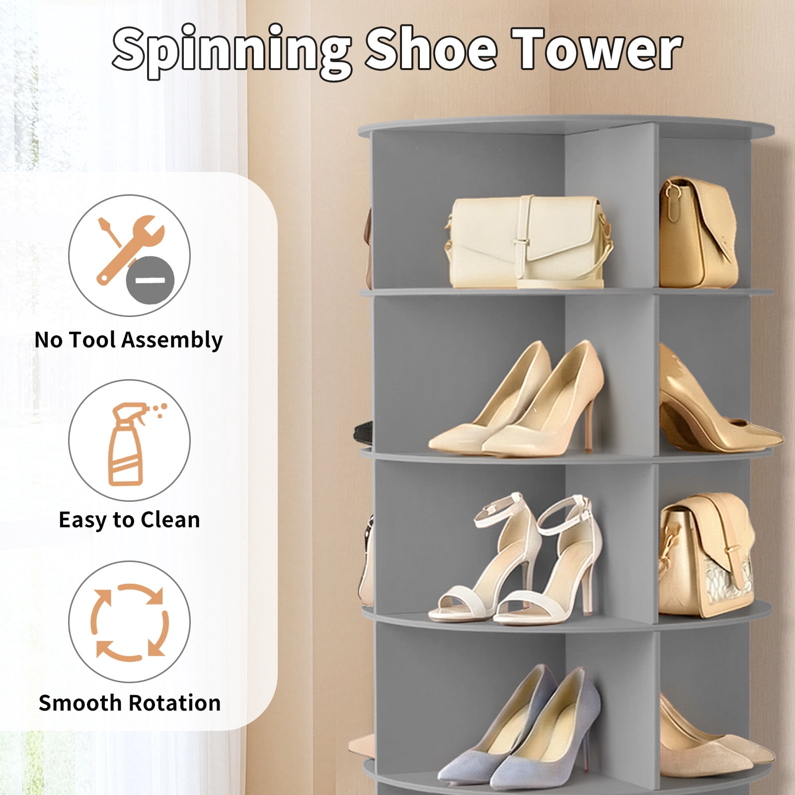Ktaxon 7-Tier Rotating Shoe Rack Tower,  Free Standing 360° Revolving  Organizer, 28 Pairs of Shoes/ Bag, Gray