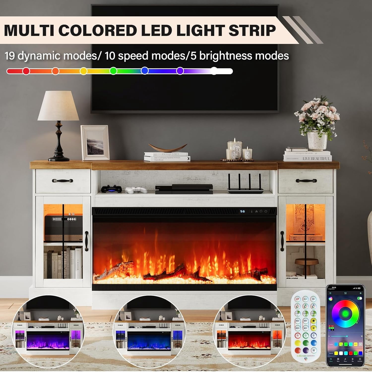 DreamCurship Fireplace TV Stand for TVs up to 80", Farmhouse TV Stand with Electric Fireplace, Glass Door Entertainment Center with Led Light, Media Console Table for Living Room, White