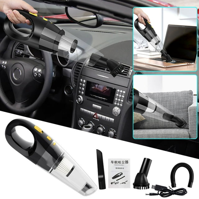 aspiradoras para el hogar, aspiradora de mano de 120 w para coche, aspiradora inalámbrica de 4 metros, aspiradora doméstica pequeña de mano de alta succión. Aspiradora de mano negra FcBaudy (42 x 12 x 16 cm) con depósito transparente y botones amarillos; incluye boquilla estrecha, cepillo 360° y manguera extensible; mostrada en uso en tablero de coche y sofá en recuadros secundarios; funciona con toma de encendedor 12V con cable de 4 m y filtro lavable; también apta para limpiar teclados y áreas pequeñas del hogar.