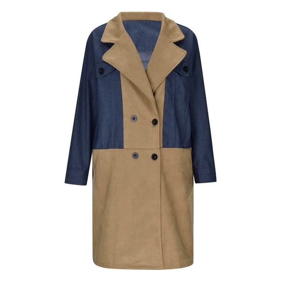 Veste Femme, Veste Longue en Denim Patchwork Col Tailleur Automne Hiver