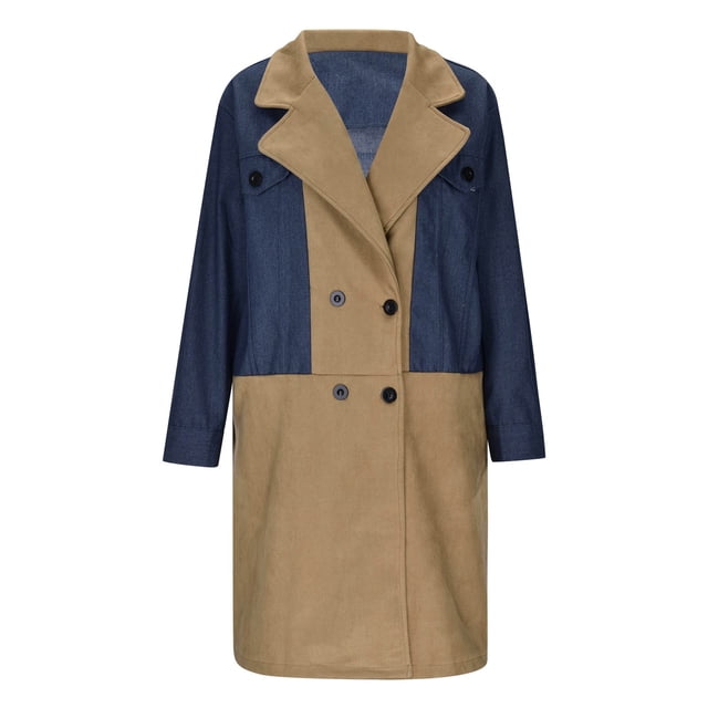 Veste de Printemps pour Femmes, Veste Longue en Denim Patchwork Col Tailleur Automne Hiver