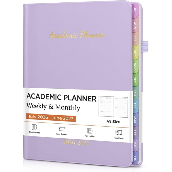 Planner 2026-2027, Weekly and Monthly Academic Year Calendar Planner, July 2026 - June 2027, 6" x 8.5", A5 Hardcover Academic Planner With Colorful Tabs, Daily Agenda Book for Student,