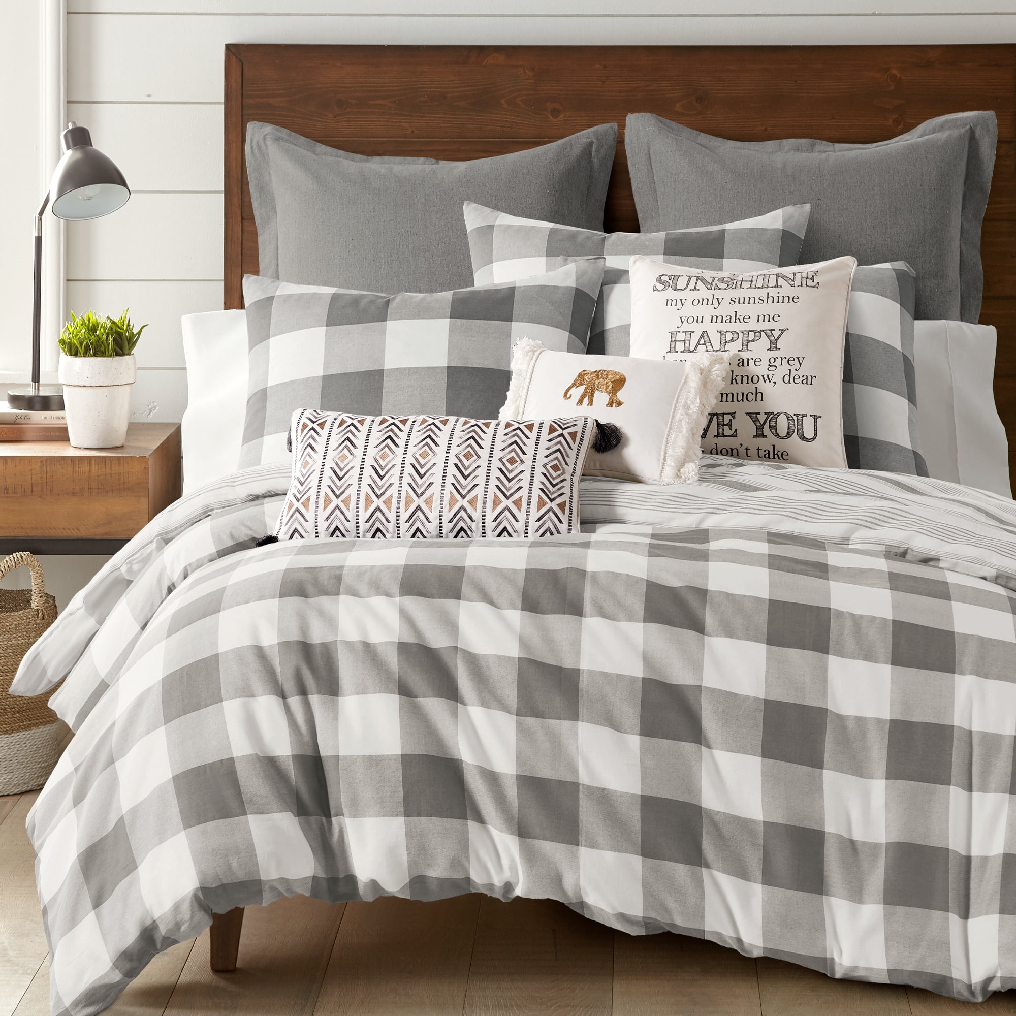 Levtex Home - Camden Duvet Cover Set - Twin/Twin XL Duvet Cover + Two Standard Pillowcases - Buffalo Check in Grey and Cream - Duvet Cover Size (66 x 88 in.) and Pillowcase Size (26 x 20 in. )