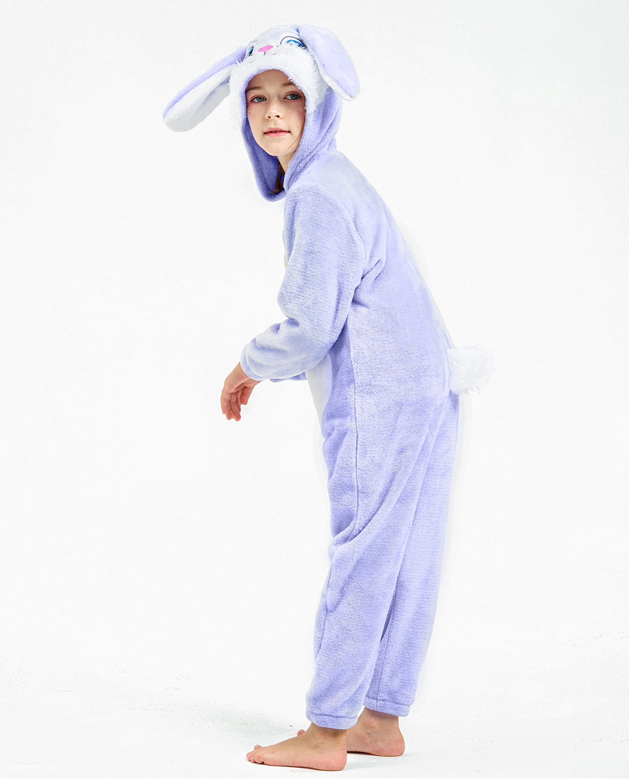 Easter Bunny Costume Purple Onesie Jumpsuit for Children Girls, Hooded Animal Romper Flannel Pajamas 3-12Years
