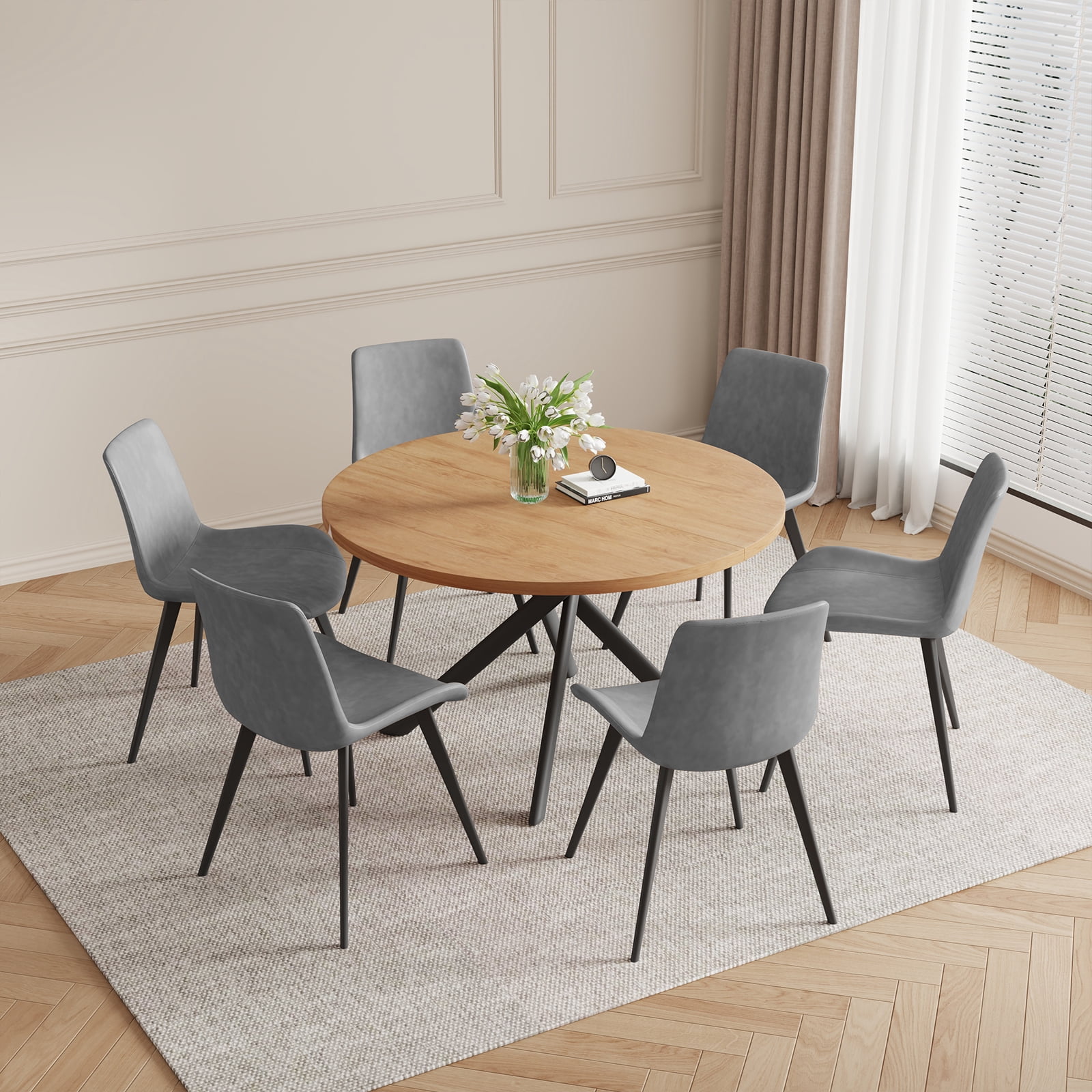 jiexi 45.3" Round Dining Table Set, Mid Century Modern Round Dining Table for 6 Person, with Steel Legs, Coffee Table for Kitchen Dining Room, Office, Save Space