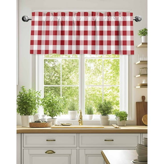 Curtain Valance for Windows,Red Gingham Check Kitchen Valances Rod Pocket Short Curtains,Country Buffalo Plaid Window Treatment Panel for Bedroom Bathroom 54"x18"