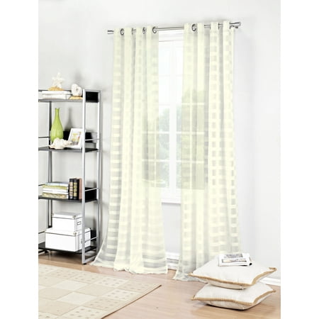Ivory Damask Stripe - Ivory Single (1) Textured Semi-Sheer Grommet Window Curtain Panel: Stripe Design, 52