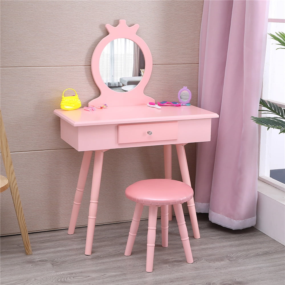 Kids Wood Vanity Table and Stool Set with Drawer Dressing Table Pink Girls Gifts 