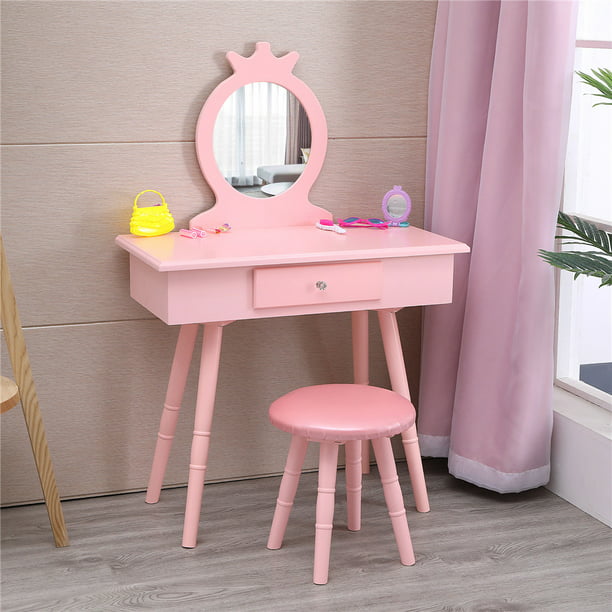 Ktaxon Kids Vanity Wooden Makeup Table, Pink Wooden Play Vanity Set