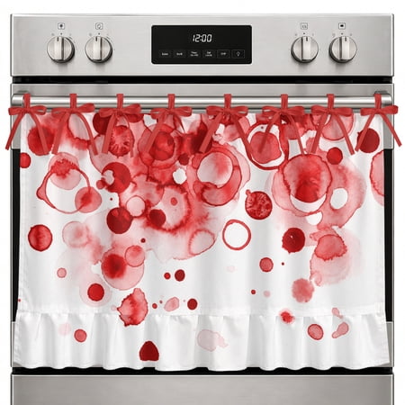 Oven Skirt Curtain Red Ink Points Oven Curtain with 8 Ribbon Ties & Ruffle Trim Stove Cover Abstract Art Bubble Oven Skirts for Stove Dishwasher Cabinet Over Sinks Kitchen Decor 27x20 Inch