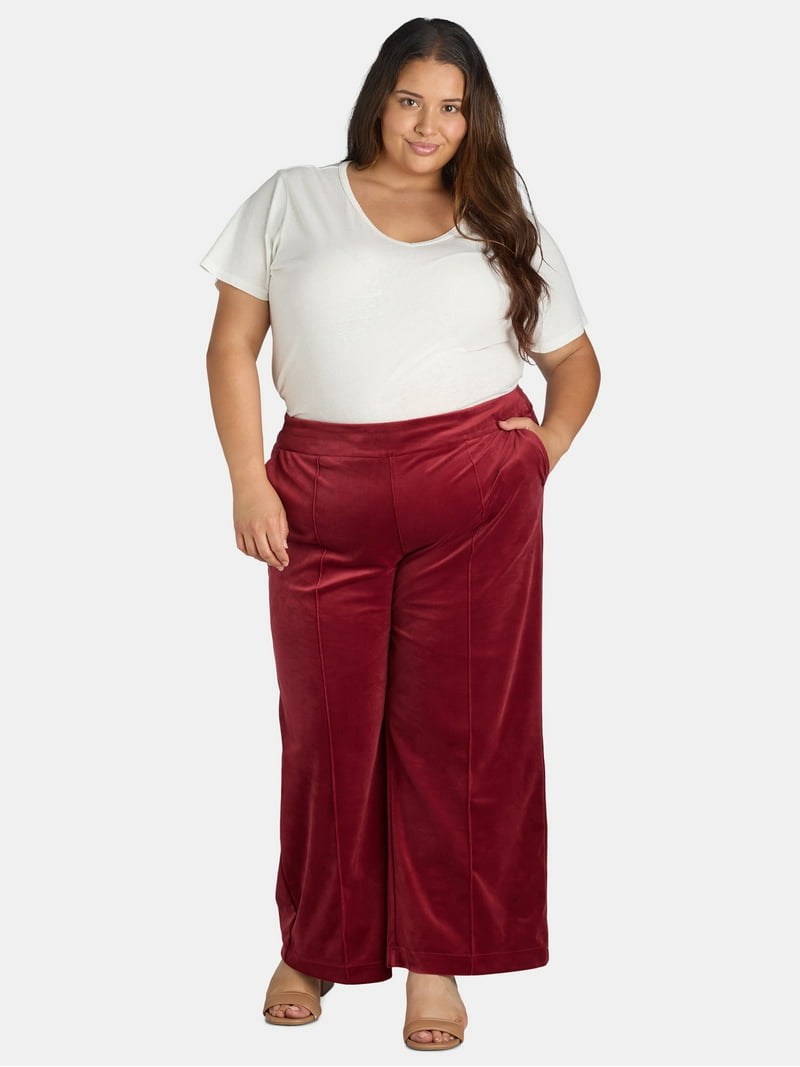 Just My Size Women's Plus Velvet Pants 1X-4X, Pull-On Wide-Leg