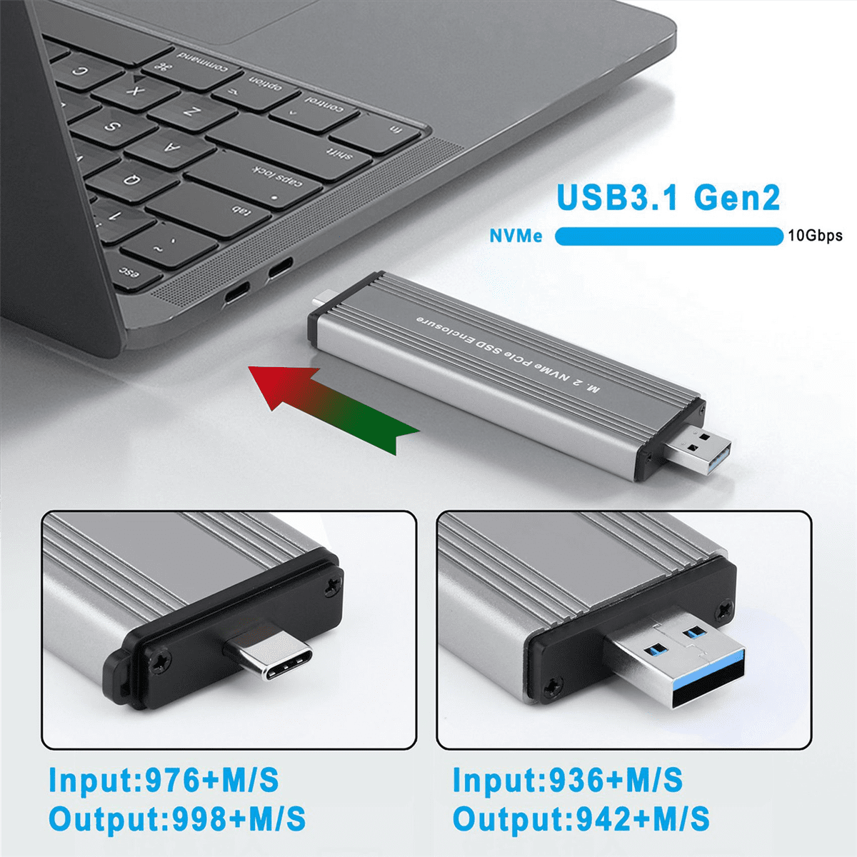 2X M.2 NVME PCIe SSD Enclosure Case with USB C 3.1 Gen 2 USB3.0 to M.2 M Key HDD Enclosure for 2230 2242 2260 2280,2 x HDD Enclosure,Gray