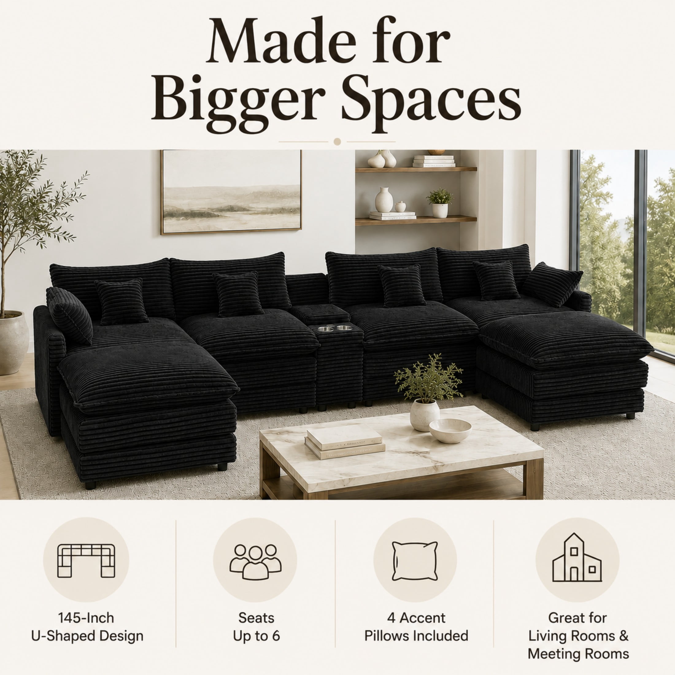 Aenkyo 141-Inch U-Shaped Corduroy Cloud Sectional Sofa with Console, Black