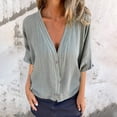 thumbnail image 2 of Taqqpue Womens Linen Shirts Casual Solid Color Short Sleeve V Neck Button Down Shirt Textured Collared Summer Work Dress Blouse, 2 of 9