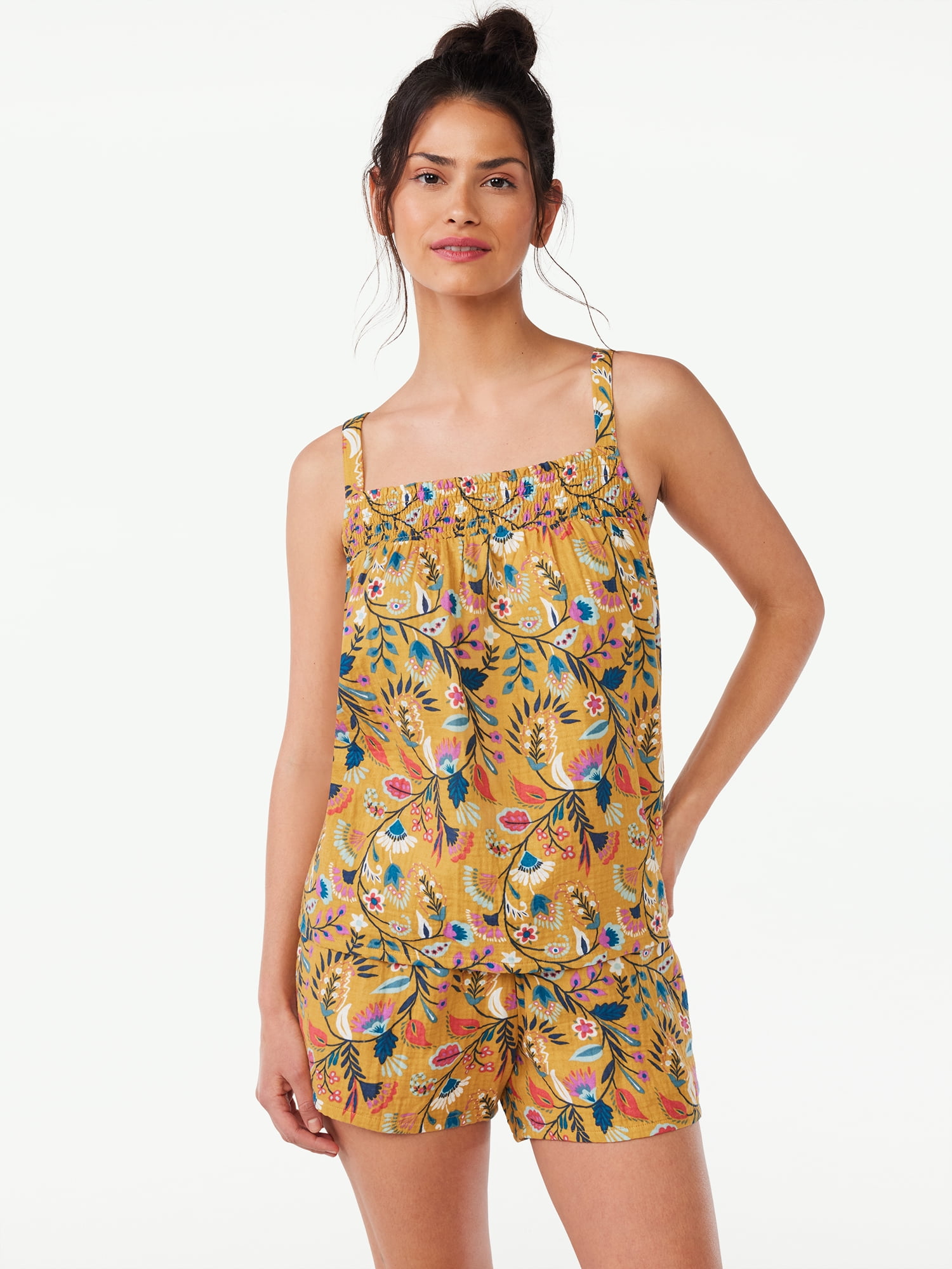 Joyspun Women's Gauze Smocked Top and Shorts Pajama Set, 2-Piece, Sizes ...