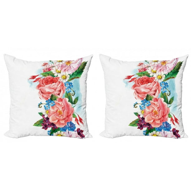 Flower Throw Pillow Cushion Cover Pack Of 2 Leaves With Branch Roses Daisies And Lilacs Plants Nature Theme Vintage Art Print Zippered Double Side Digital Print 4 Sizes Multicolor By Ambesonne Walmart Com