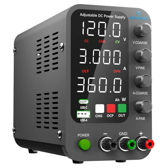 Jesverty DC Power Supply Variable, 0-120V 0-3A Switching Bench Power Supply with Intelligent Charging Mode, 20W USB & Type-C Quick-Charge, Encoder Knob, Output Switch, 4-Digit LED Display-SPS-12003C