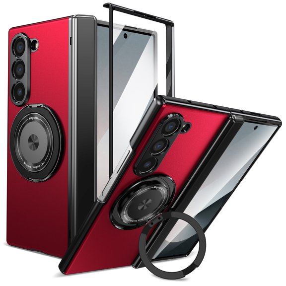for Samsung Galaxy Z Fold 6 Case , Hinge Protection Case with Front Screen Protector 360°Ring Magnetic Kickstand Protective Shockproof Case for Samsung Galaxy Z Fold 6,Red