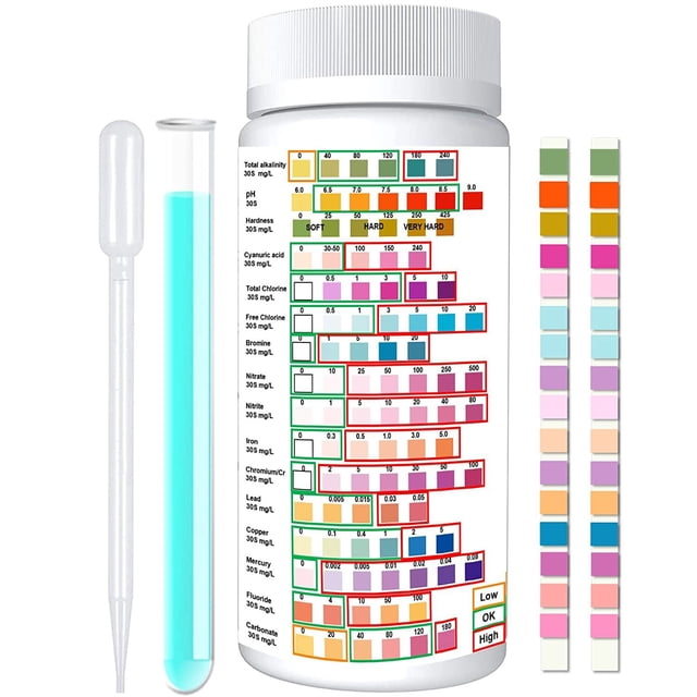 Kits de prueba de agua para agua potable - 100 tiras 16 en 1 - Tiras de prueba de agua con dureza, pH, mercurio, plomo, hierro, cobre, cloro, ácido cianúrico