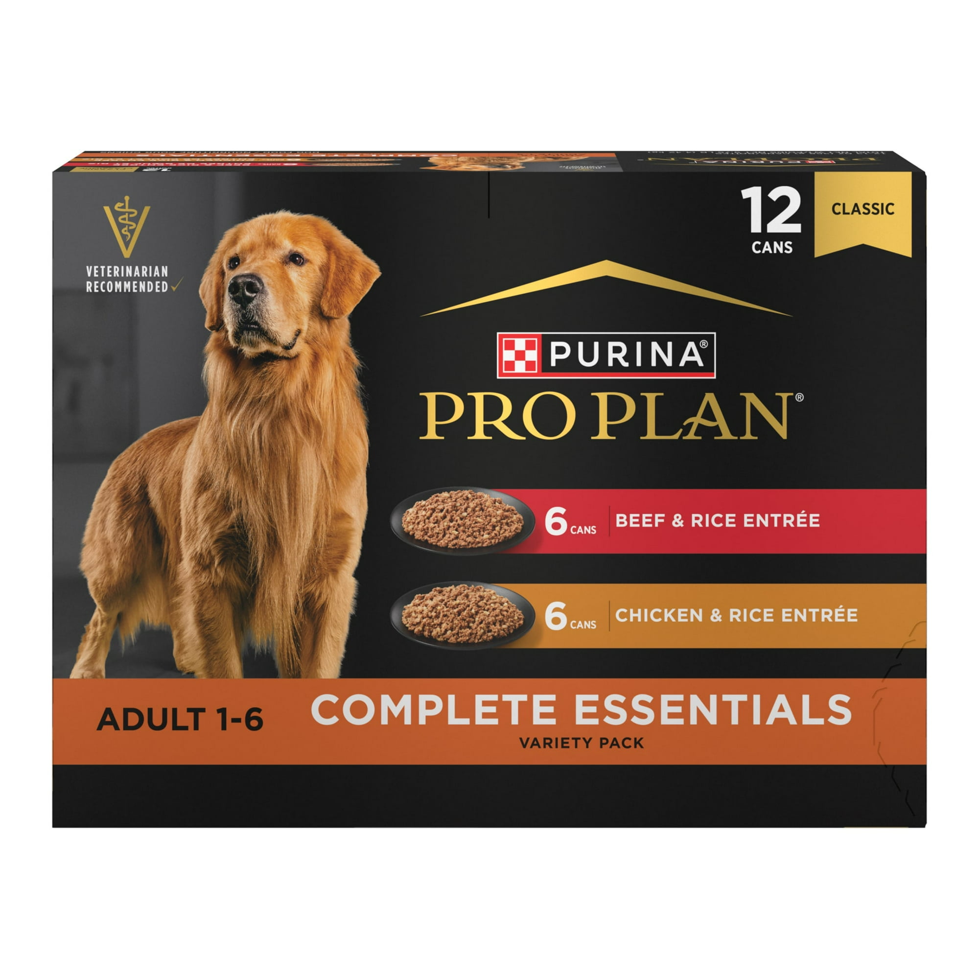 Purina Pro Plan Complete Essentials Wet Dog Food Chicken and Rice Entree and Beef and Rice Entree Variety Pack, 13 oz Cans (12 Pack)