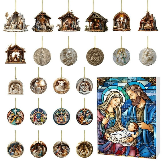 Christmas Countdown Set with 24 Mary and Baby Pendants for Holiday Decorations Ideal for Festive Christmas Tree and Home Ornamentation