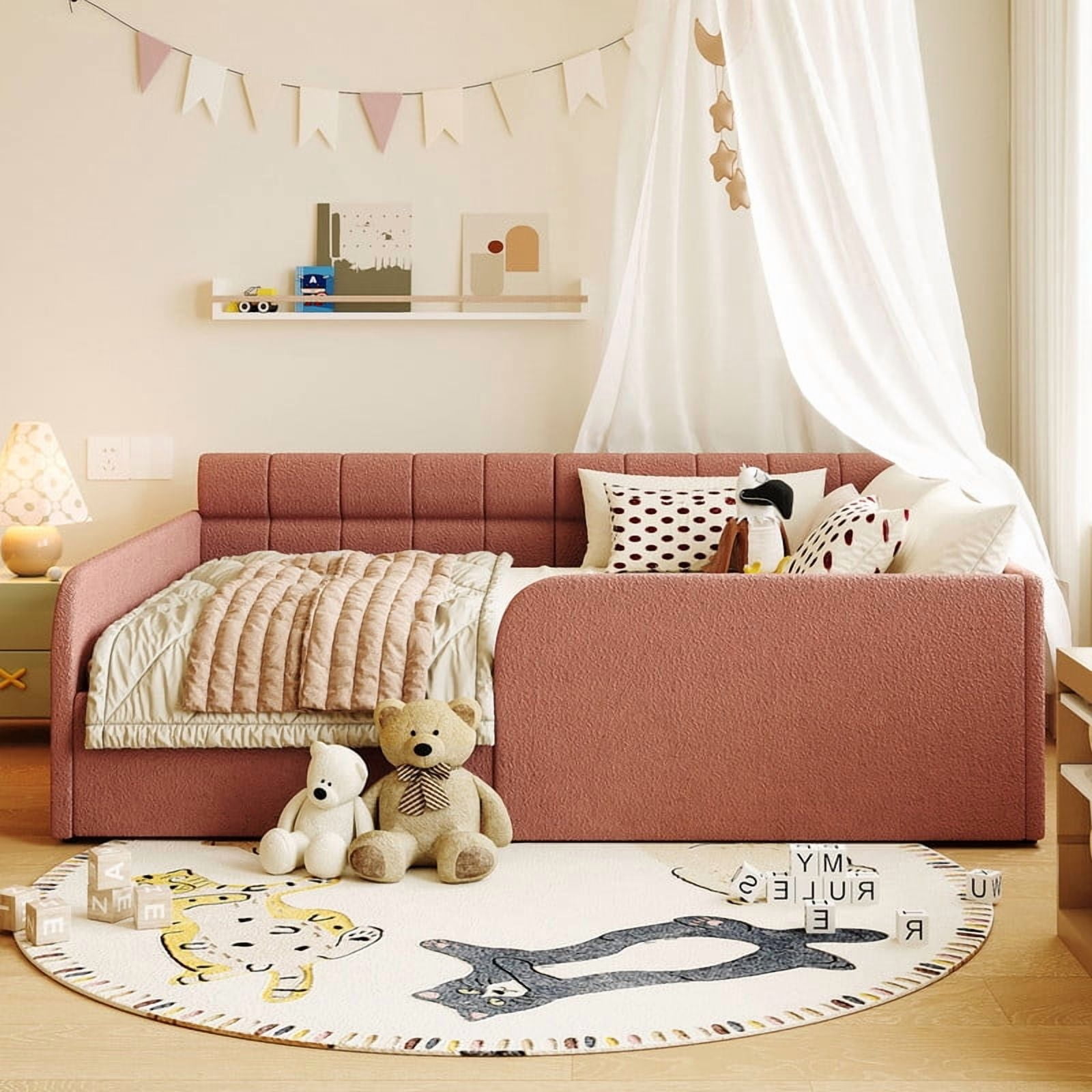 Full Size Boucle Daybed with Metal Drawer on Wheels, Storage Platform Bed Frame with Guardrails, Upholstered Low Profile Bed